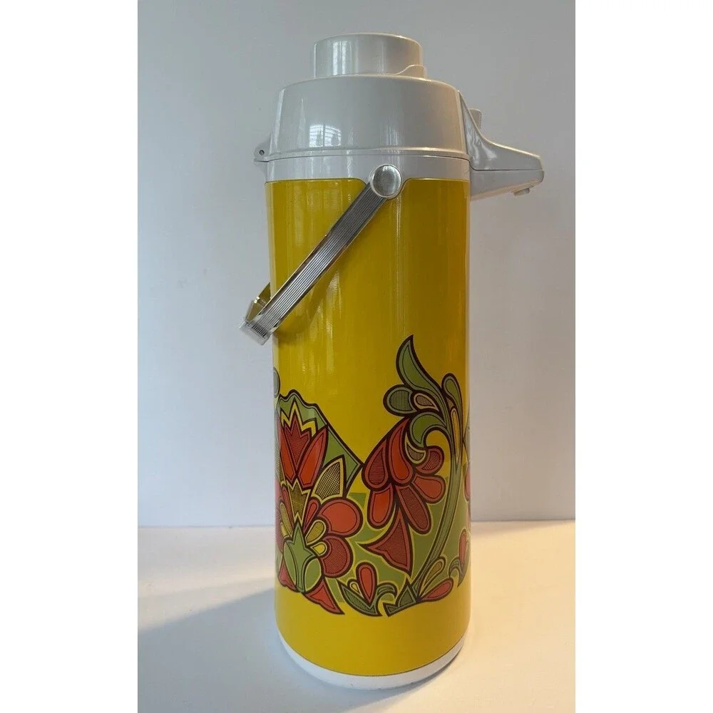 Vintage 70s Japan Airpot Pump Thermos MCM Mod Flower Power Yellow Green Orange